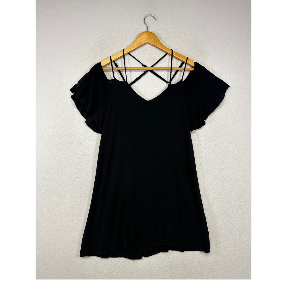 Boho Edgy‎ Lulus Womens Size M Black Cold Shoulder Cage Strap Flutter Mini Dress